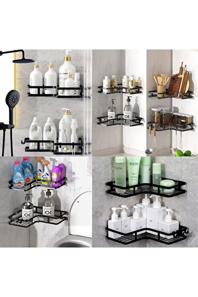 NO BRAND Shower rack, non drilling self-adhesive, with 4 hooks, 2-piece set, rust proof, black