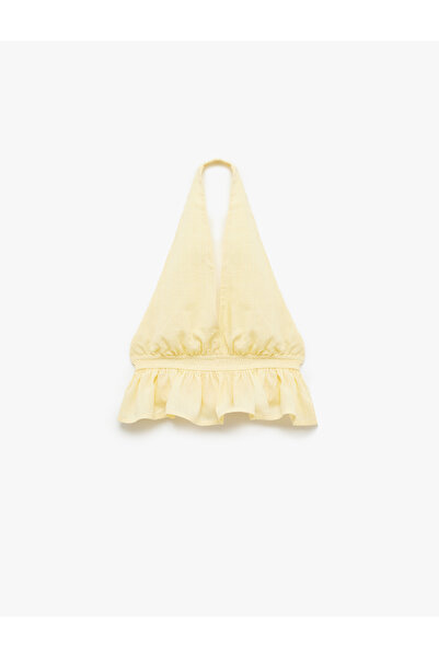 Koton Slim Fit Ruffled Sleeveless Viscose Blend Halter Neck Crop Blouse with Back Detail