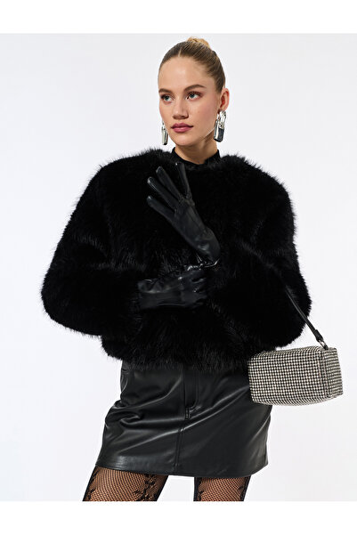 Koton Suni Faux Fur Coat Crop Long Sleeve Crew Neck