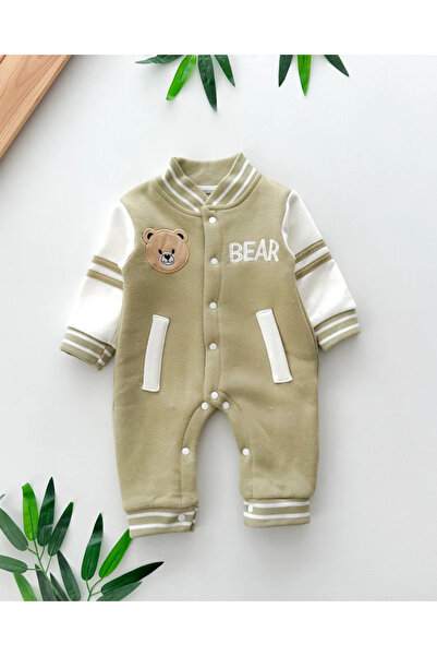 hümabebe Bear Printed Pocket Detailed Boy's Winter Overalls with Snap Fasteners Fleece-Lined