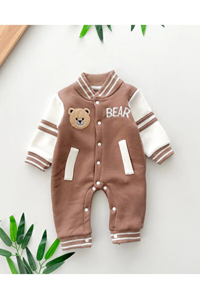 hümabebe Bear Printed Pocket Detailed Boy's Winter Overalls with Snap Fasteners Fleece-Lined