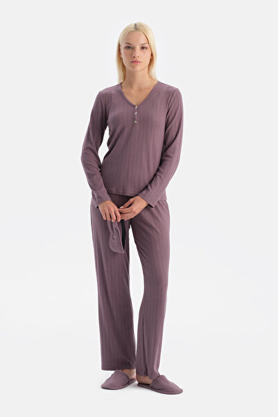 Dagi Mürdüm Travel Pointel V-Neck T-Shirt Pants Pajama Set