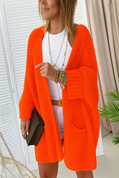 Devinka Women's Orange Oversized Pattern Women's Long Pocket Knitwear Cardigan