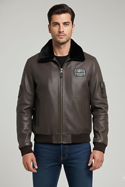 Deriderim Brown Top Gun Men's Genuine Leather Fur Collar Pilot Jacket