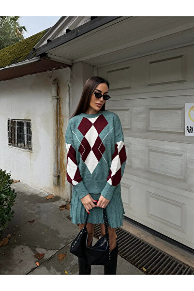 TRUVAKAR Kadın Salaş Oversize Bisiklet Yaka Baklava Desenli Triko Kazak Ve Pi...