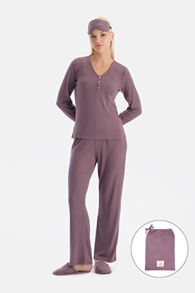 Dagi Mürdüm Travel Pointel V-Neck T-Shirt Pants Pajama Set