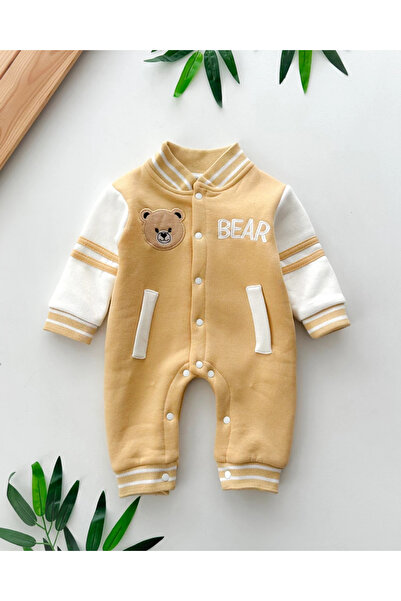 hümabebe Bear Printed Pocket Detailed Boy's Winter Overalls with Snap Fasteners Fleece-Lined