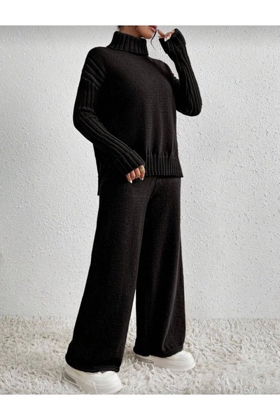 NEWCO Women's Corded Fabric Collar Hair Knit Patterned Side Slit Knitwear Set Anthracite