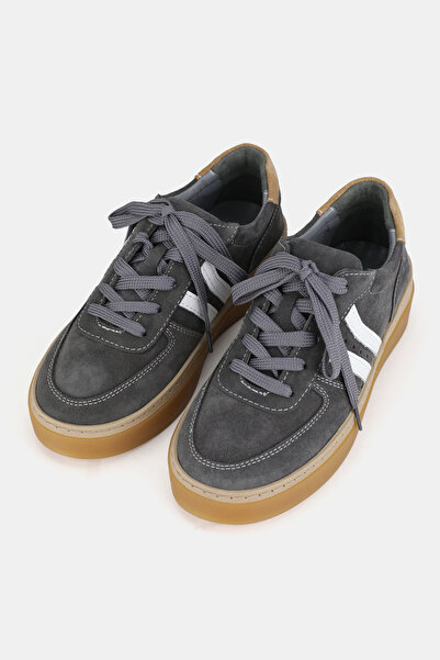 TUNAELLİ Women's Anthracite Gray Suede Genuine Natural Leather Size 36-41 Lace-Up Sneaker Shoes