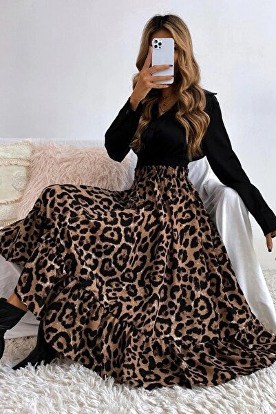 Mossta بأزرار على الجهتين فستان طويل من قماش السوبرم بنمط جلد الفهد