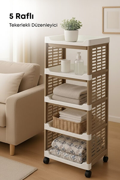 grimorlife 5 Raflı Tekerlekli Plastik Organizer Sepet - Mutfak ve Banyo Düzen...