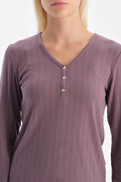 Dagi Mürdüm Travel Pointel V-Neck T-Shirt Pants Pajama Set