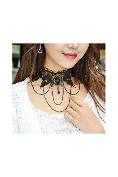 OEM EVNC Embroidered Stone Choker, Vintage Gothic Jewelry, Black
