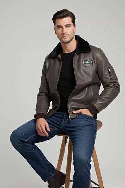 Deriderim Brown Top Gun Men's Genuine Leather Fur Collar Pilot Jacket