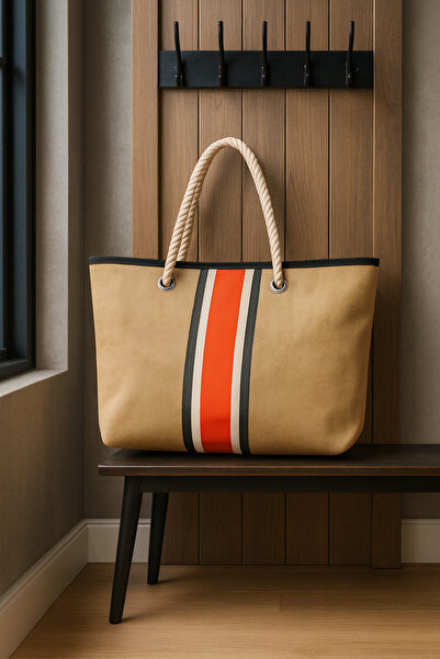 HomyJRs Orange Black Striped Large Size Picnic and Beach Bag – Rope Handle – 55X36X15 cm