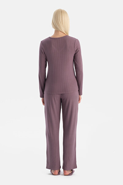 Dagi Mürdüm Travel Pointel V-Neck T-Shirt Pants Pajama Set