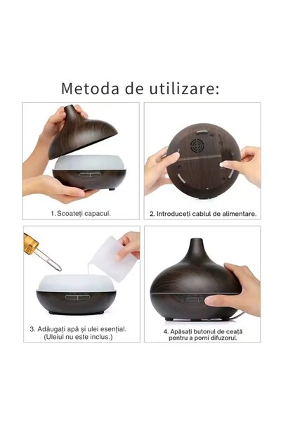 OEM Difuzor cu ultrasunete pentru aromaterapie 550 ml, Negru, 7 culori LED, Design din lemn, Umidificator