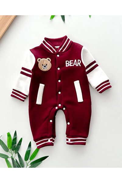 hümabebe Bear Printed Pocket Detailed Boy's Winter Overalls with Snap Fasteners Fleece-Lined