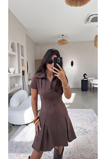 Buket Teke Φόρεμα κιλόσερ με καφέ σουέτ γιακά