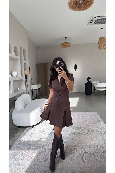 Buket Teke Φόρεμα κιλόσερ με καφέ σουέτ γιακά