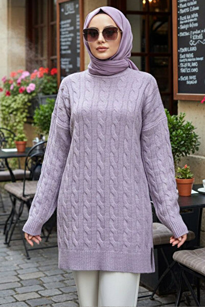 N.S NEVA STYLE Knitted Detailed Lilac Hijab Knitwear Sweater Tunic 8263Lila
