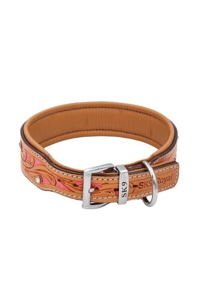 SK9 Carving-1 Pink Hand-Carved Leather Dog Collar, 41-49 cm, 4.5 cm width, M