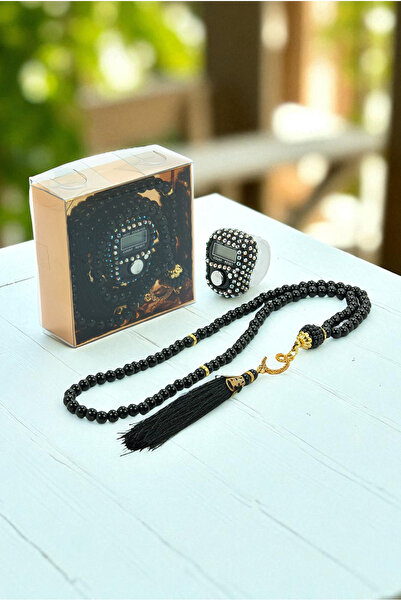 ihvan online Gift Stone Zikirmatik and 99 Pearl Prayer Beads Set in Box - Black