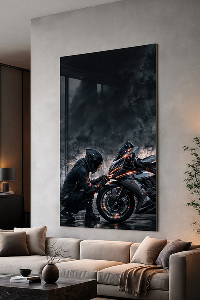 BLT DİZAYN Black Helmeted Biker Glass Painting