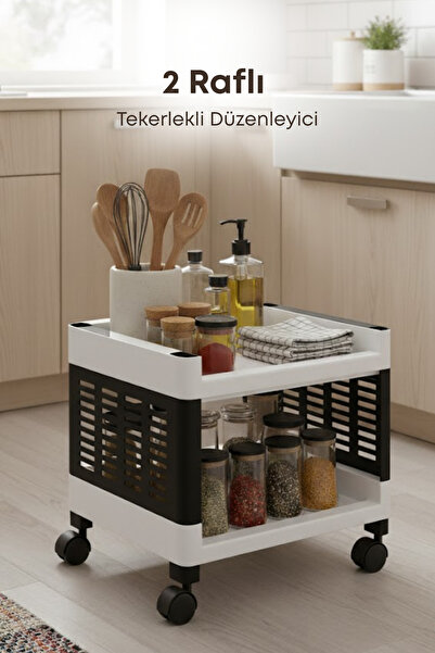 grimorlife 2 Raflı Tekerlekli Plastik Organizer Sepet Mutfak Banyo Düzenleyic...