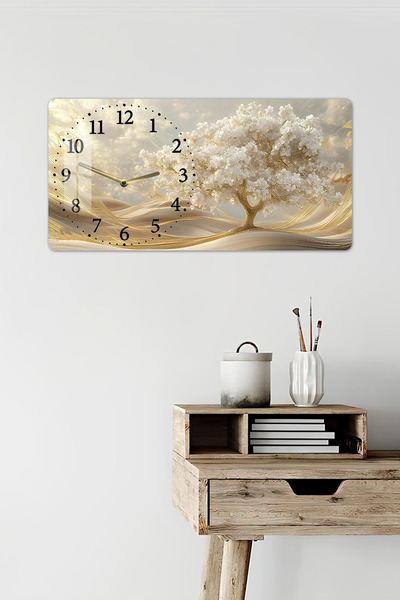 kutuTR 3D Görünümlü 2D UV Baskı Temperli Cam Saat Tablo–Altın Dalgalar ve Beyaz Çiçek Ağacı 60x30cm -YSL003
