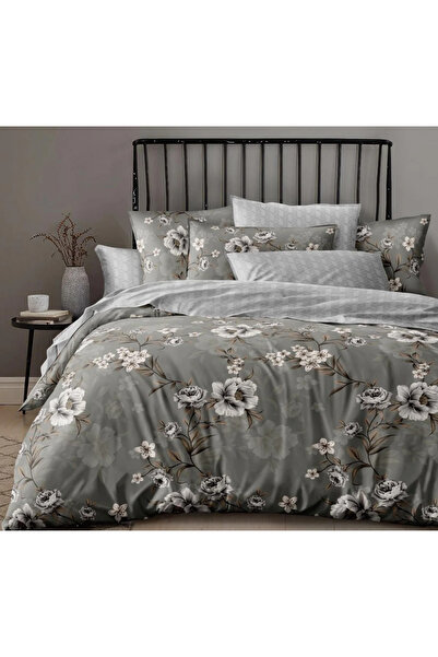 trendyhome Double Bed Linen, 4 Pieces, Satin Cotton, Poppies, Grey, i14624-Elastic