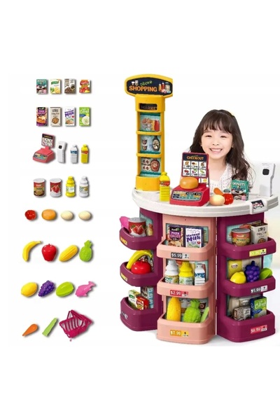 Matadi Purple supermarket play set with shopping cart and 44 accessories, scanner with light and sounds