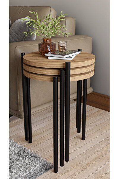 alpaevmobilya 3'lü Yuvarlak Zigon Sehpa Seti | Metal Ayaklı Salon Oturma Odası Yan Sehpa - Kahve Sehpası