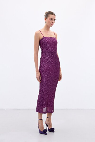 Sateen Rochie lungă cu paiete cu bretele - Prune