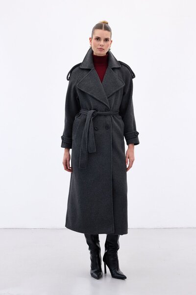 Sateen Широкий комір, довгий пальто - антрацит