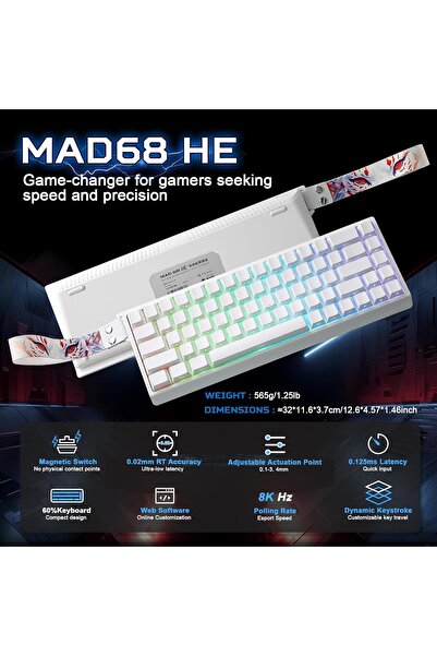 Madlions لوحة مفاتيح ميكانيكية Mad68 HE RGB بمفاتيح مغناطيسية قابلة للتبديل السريع 8000 هرتز 0.02 مم FPS لوحة مفاتيح ألعاب بيضاء