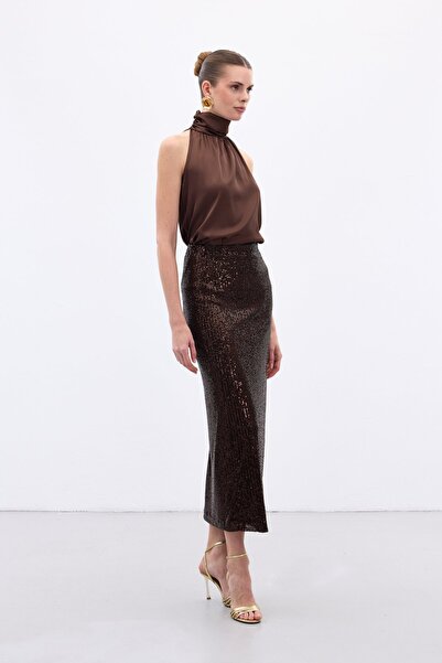 Sateen Φούστα Καρολίνα Μίντι - Καφέ