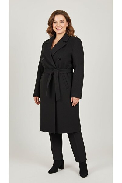 FATOSH KUTO BÜYÜK BEDEN KUŞAKLI KAŞE UZUN KADIN KABAN