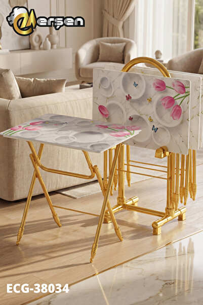 Erşen Sehpa Eranş Serisi 4'lü Katlanır CAM Daire ve Çiçek Desen Çanta Zigon S...