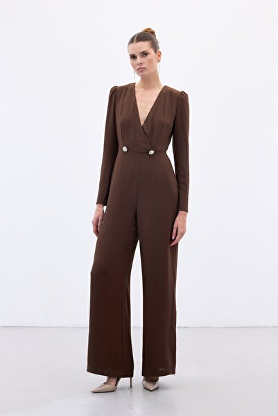 Sateen διπλό πέτο Στολισμένη πέτρα κρεπ φόρμα - Καφέ