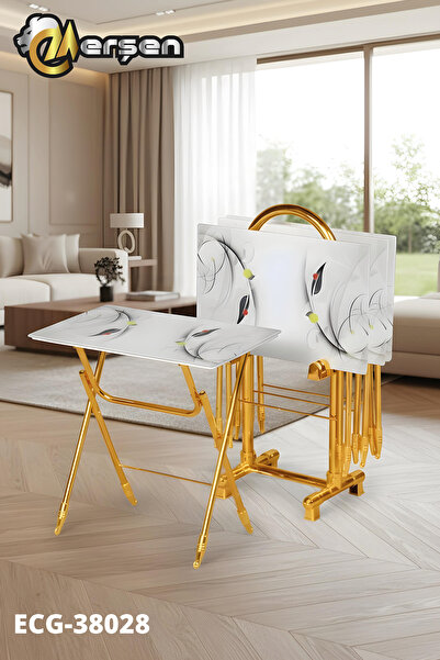 Erşen Sehpa Eranş Serisi 4'lü Katlanır CAM Beyaz Yaprak Desen Çanta Zigon Seh...