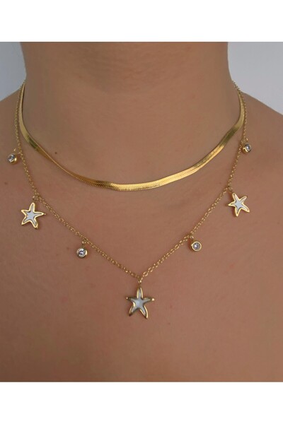 Furtek Aksesuar Starfish Pendant Multi-Layered Stainless Steel Tarnish-Resistant Necklace Combination Set Italian Chain Pearl Gold Plated