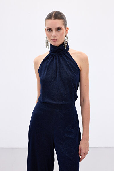 Sateen Sleeveless Shiny Blouse - Navy Blue