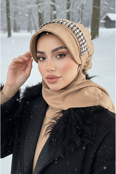 Aişe tesettür Beige Houndstooth Scarf Detail Hijab Hat