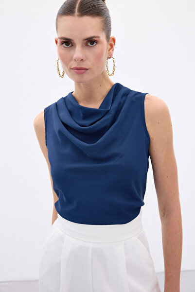 Sateen Degaje Collar Sleeveless Blouse - Indigo