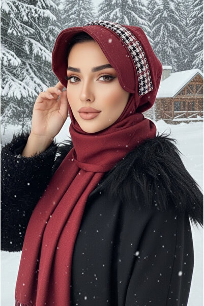 Aişe tesettür Burgundy Houndstooth Detailed Scarf Hijab Hat