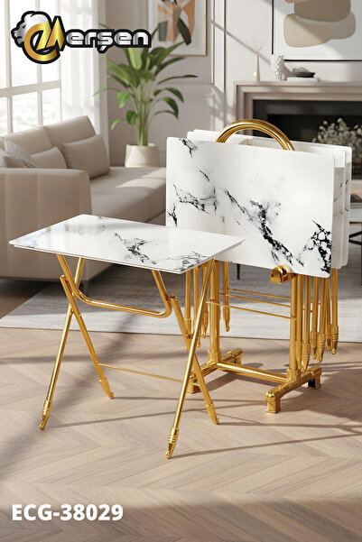 Erşen Sehpa Eranş Serisi 4'lü Katlanır CAM Beyaz Mermer Desen Siyah Detay Çan...