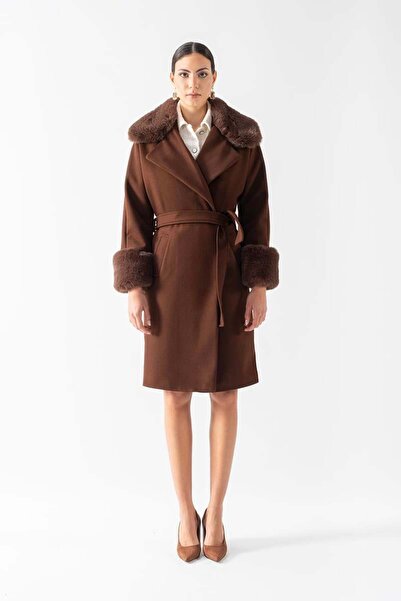 Spazio Friedricks Kruvaze Yakası Kolları Kürklü Kaban KAHVE