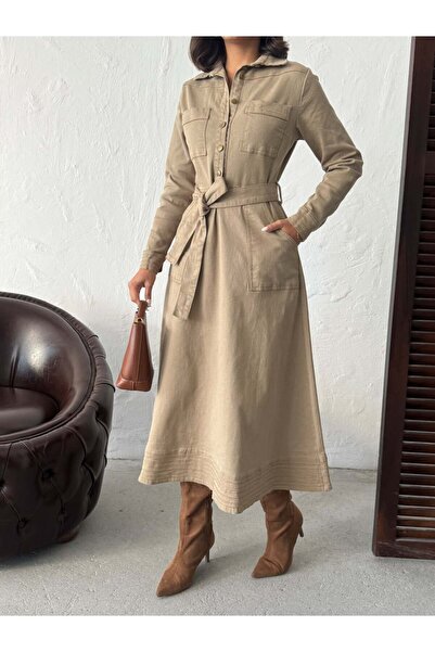 Miss Prova Μακρύ τζιν φόρεμα με λεπτομέρεια τσέπης με κουμπιά και ζώνη MISSELB942