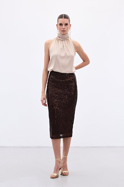 Sateen Fusta creion cu paiete - maro